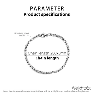 Detailed specs of 3mm wide stainless steel box chain necklace with lobster clasp