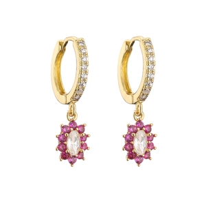 Gold hoop earrings with pink crystal flower pendants and clear zircon center stone