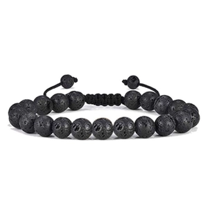 Men's matte black lava stone bead bracelet with adjustable woven rope and natural texture