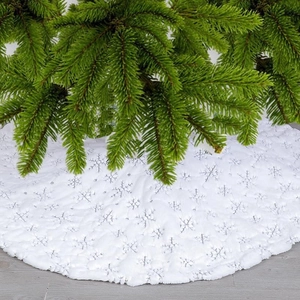 Jupe de sapin de Noël blanche en peluche avec broderie de flocons à paillettes argent