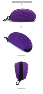 Purple hard EVA sports glasses case with zipper and hook shown from multiple angles