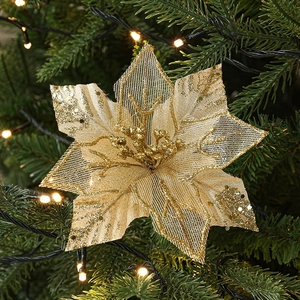 Gold glitter poinsettia flower ornament with mesh petals for Christmas tree decoration