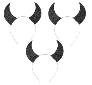 Detail of three black sequined devil horn headbands for Halloween costumes and parties