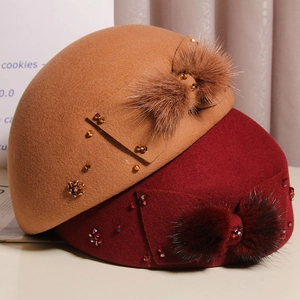 Hepburn style wool beret with mink fur bow and crystal accents in camel and wine red