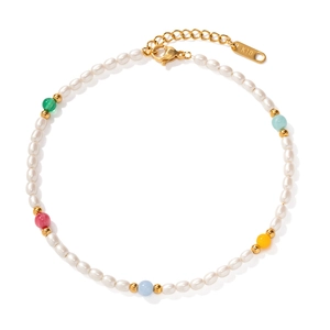 18K gold stainless steel anklet with white pearls and colorful natural gemstones