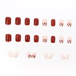Short red cow pattern and solid burgundy press-on nails set with 24 pieces for women