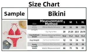 Detailed size guide table for women's printed bikini showing bust and waist measurements