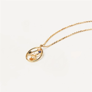 Detailed close-up of a gold S925 silver necklace with a colorful zodiac gemstone pendant
