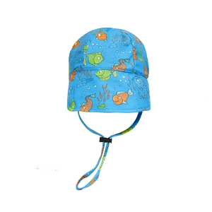 Detail of blue sun hat for kids featuring ocean fish prints and adjustable windproof drawstring