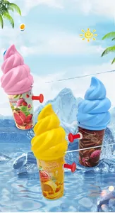 Detailed view of manual ice cream water pistols in pink, yellow and blue colors
