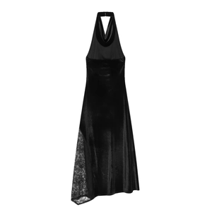 Robe midi élégante en velours noir avec licou et détails de patchwork en dentelle