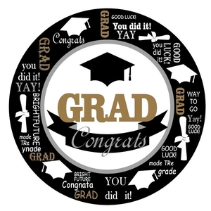 Afstudeerfeest borden met gouden Congrats Grad opdruk op zwart en wit ontwerp