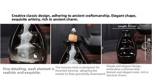 Detailed views of a ceramic backflow incense burner showing smoke flow and dimensions
