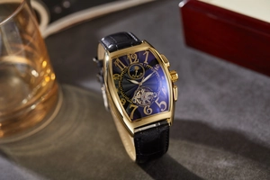 Detailed close-up of SEWOR tonneau automatic watch with blue dial on leather strap