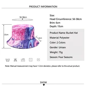 Tie-dye bucket hat size guide showing 56-58cm circumference and product dimensions