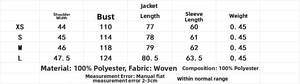 Size chart for women suede blazer showing measurements in cm for XS to L sizes
