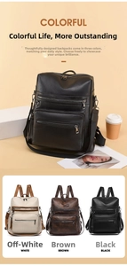 Close-up of stylish textured leather backpacks in cream, brown, and black colors