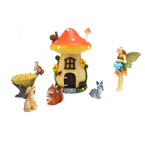 Miniature resin fairy garden set with mushroom house, tiny animals and watering fairy