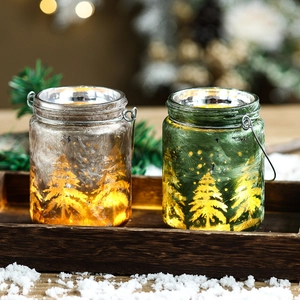Christmas Glass Candle Holder Frosted Ice Crack Reindeer Snowflake Tree Pattern Decorative Jar With Metal Handle Holiday