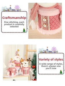 Pink Christmas doll candy jars featuring plush Santa, reindeer and pine tree designs
