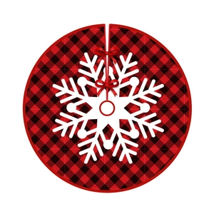 Classic red and black plaid Christmas tree skirt with large white snowflake and bows