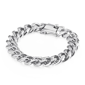 Detailed close-up of heavy silver cuban link chain bracelet with a dragon head clasp