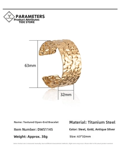 Detail showing dimensions of gold-plated hammered texture stainless steel cuff bracelet