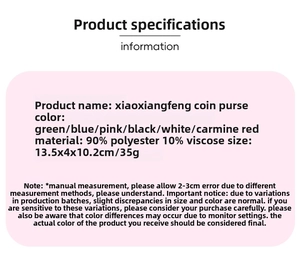 Detailed specifications table for tweed coin purse showing dimensions and color options