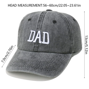 Detailed view of washed grey cotton DAD embroidery baseball cap with size dimensions