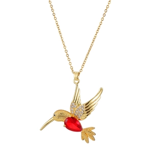 Dynamic hummingbird pendant necklace with pear-shaped red gemstone in gold plating