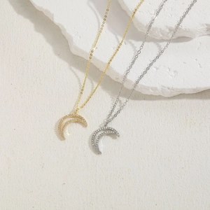 Minimalist double layered moon pendant necklace with cubic zirconia in gold and silver