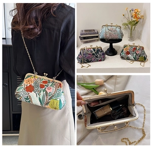 Detailed views of floral embroidery, interior structure, and styling of the chain bag
