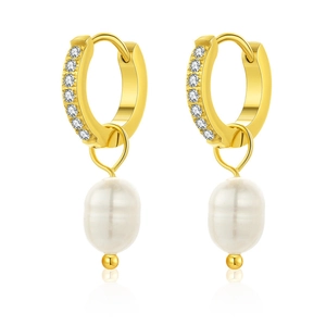 Elegant U-shaped gold plated pearl drop earrings with sparkling zircon inlay accents
