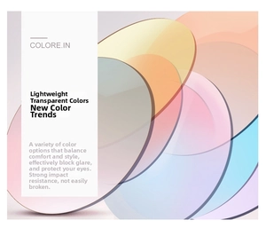 Détail de divers verres de lunettes de soleil en résine translucide colorée