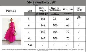 Size chart for the elegant sleeveless maxi dress including chest and waist measurements
