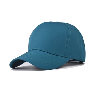 Detail view of the teal 5-panel baseball cap showing reinforced brim stitching and fabric