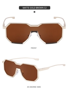 Front and side view of matte gold polygon sunglasses with dark brown lenses
