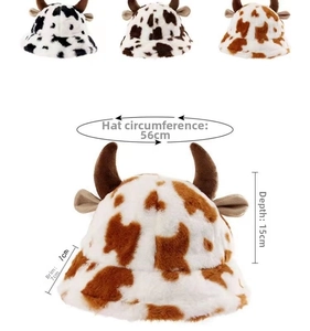Detailed size chart for plush cow print bucket hat with cute antlers and ears decoration
