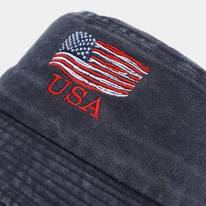Washed navy blue bucket hat with vintage American flag and USA embroidery detail