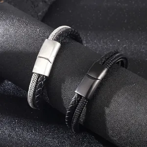 Double-layer braided leather and stainless steel wire bracelets with magnetic clasp