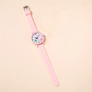Pink cartoon quartz watch for kids with silicone strap and flamingo cactus dial pattern