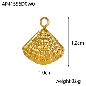 Macro view of shell-shaped gold plated charm with grid texture and size dimensions