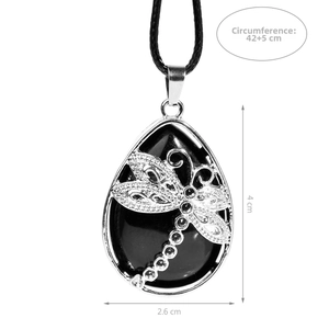 Detailed view of teardrop stone necklace with silver dragonfly filigree and size metrics