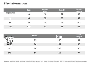 Detailed size chart for women's printed shirt and wide-leg pants set in cm, M to 2XL