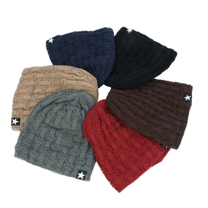 Close-up of basket-weave knit texture and star patch on a winter beanie hat