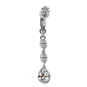 Macro detail of silver navel ring featuring crystal drop pendant and round zircon stones
