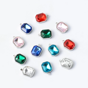 Set of 12 colorful rectangular crystal charms with stainless steel frames for DIY jewelry