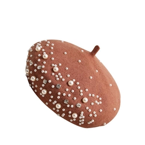 Elegant brown wool beret for women with white pearl and rhinestone embellishments