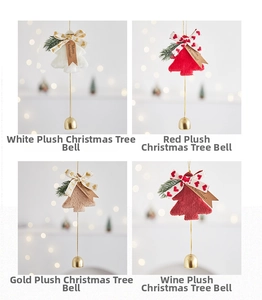 Detail of plush Christmas tree ornaments with ribbons and golden bells in four colors