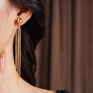 Detailaufnahme eines Models mit goldenen Quastenohrringen und Schlangenketten-Design